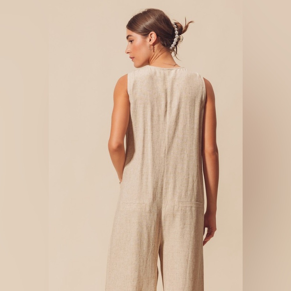 So Me Linen Blend V-Neck Button Down Jumpsuit - Picture 10 of 12
